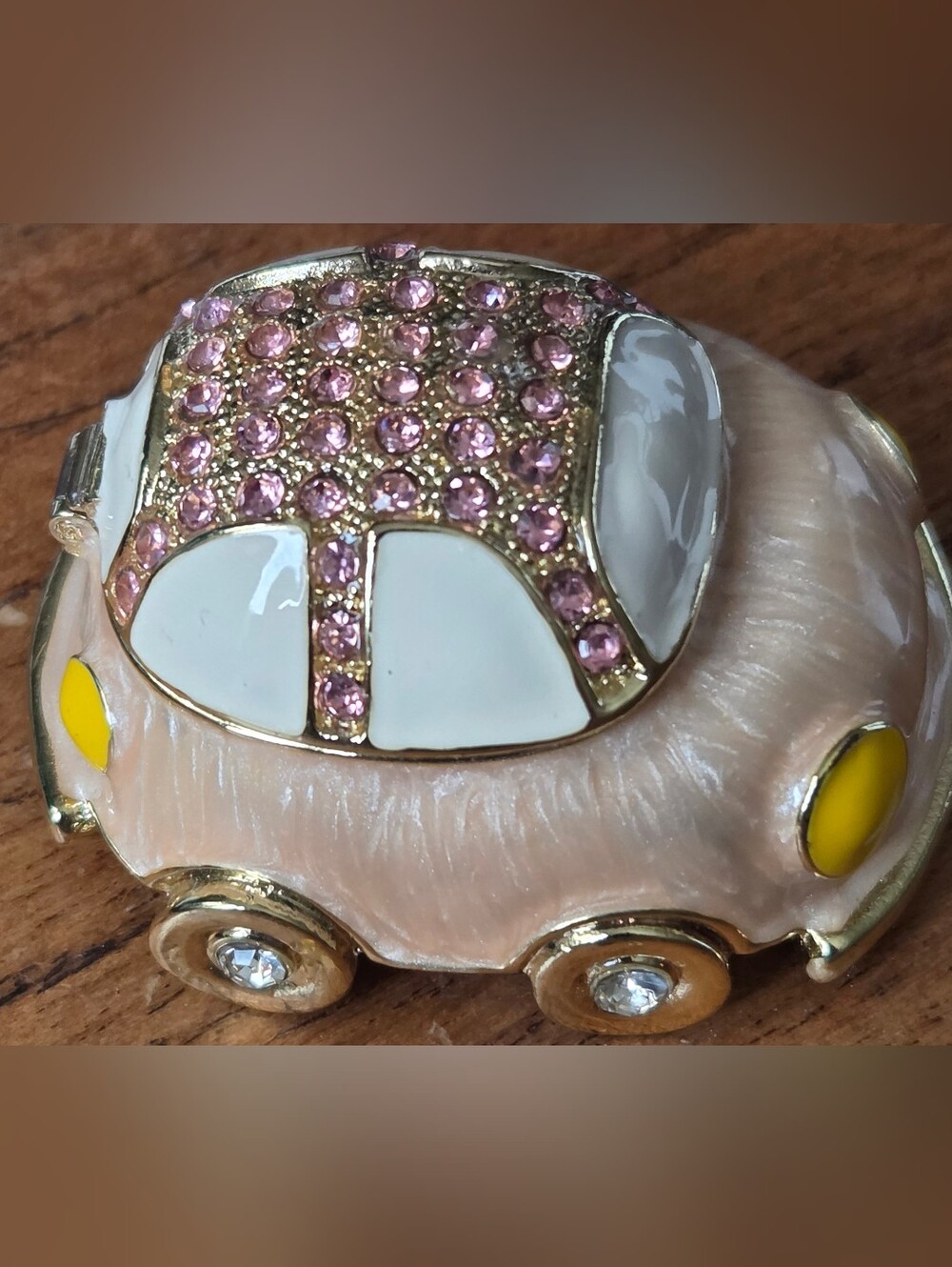 Vintage Mini Bug Beetle Car Pink Enameled Jewelry/Trinket/Pill Box Retro
